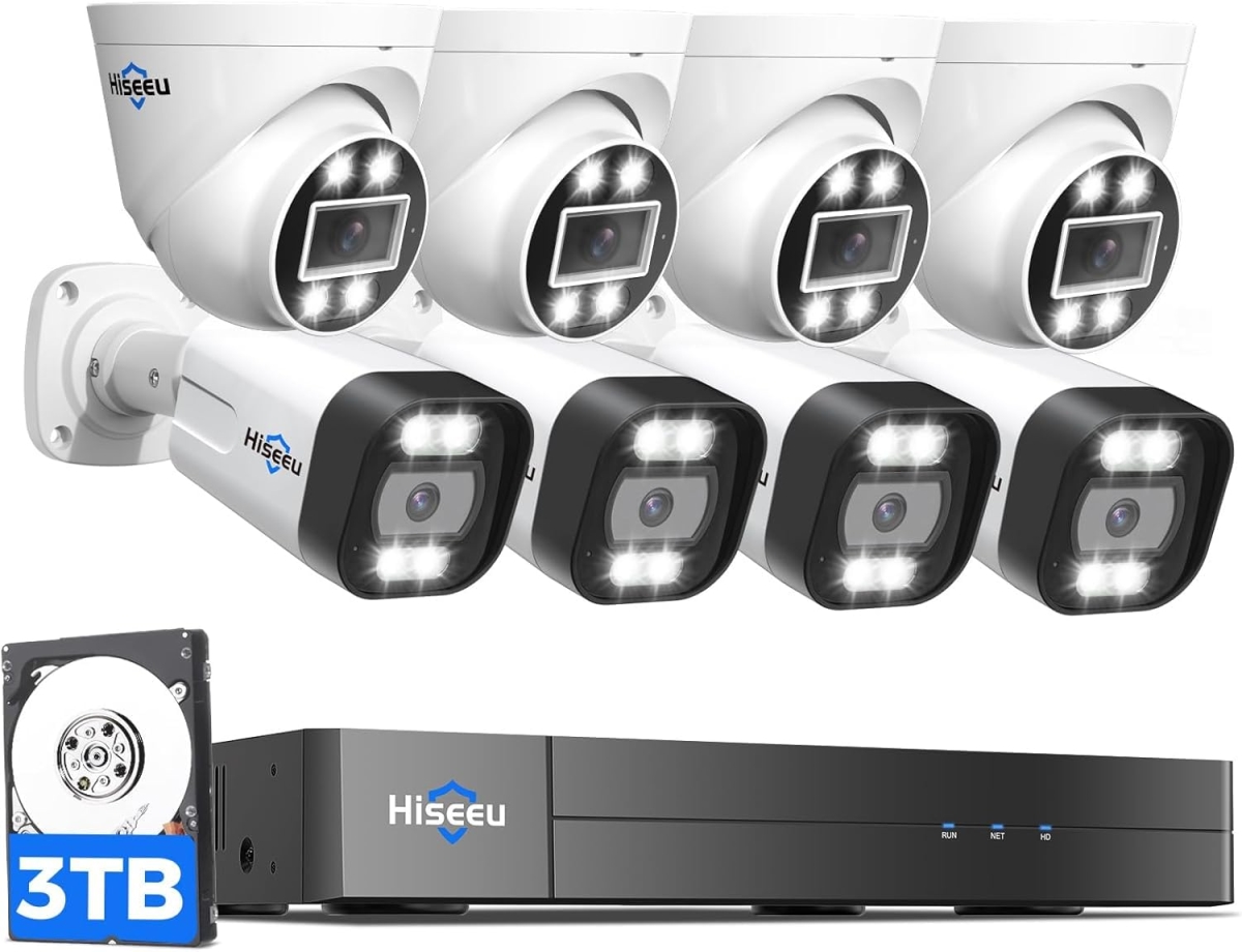 NT84958 Hiseeu 4K Security Camera System, 5MP PoE Wired Outdoor Camera, NVR 16 Channel Expandable with 3TB HDD - 8 Piece
