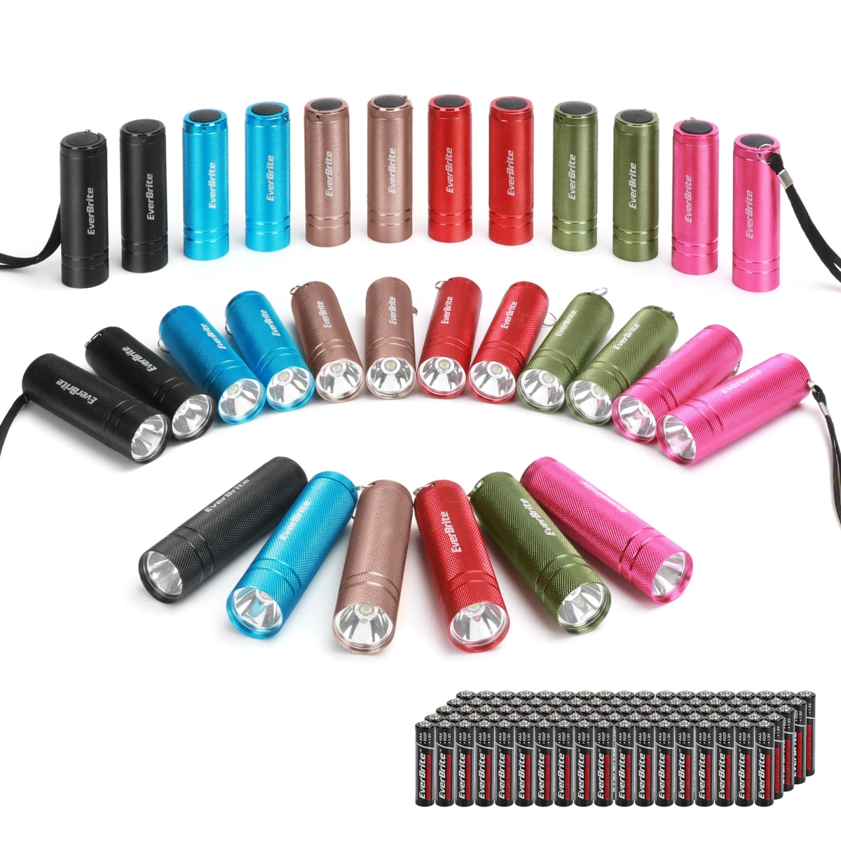 NT84991 EverBrite Mini Flashlights Set, Aluminum LED Handheld Torches with Lanyard, Batteries Included, Assorted Color- Pack of 30