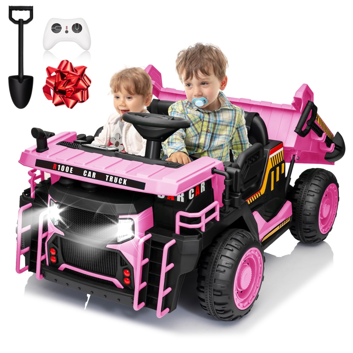 NT85234 24V 2 Seater Ride On Dump Truck, Kids Electric Car with Electric Dump Bed & Shovel, Pink