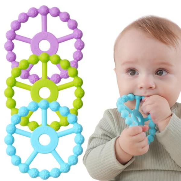 NT85378 Ring Teether Baby Infant Toys, Silicone Teething Ring Toys for Babies, Light Purple & Green - Blue - Pack of 3