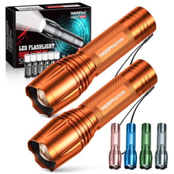 NT85692 WdtPro LED Flashlights High Lumens SR2000 Pro, Zoomable, Mini Flash Light for Emergency, Camping, Hiking - Orange - Pack of 2