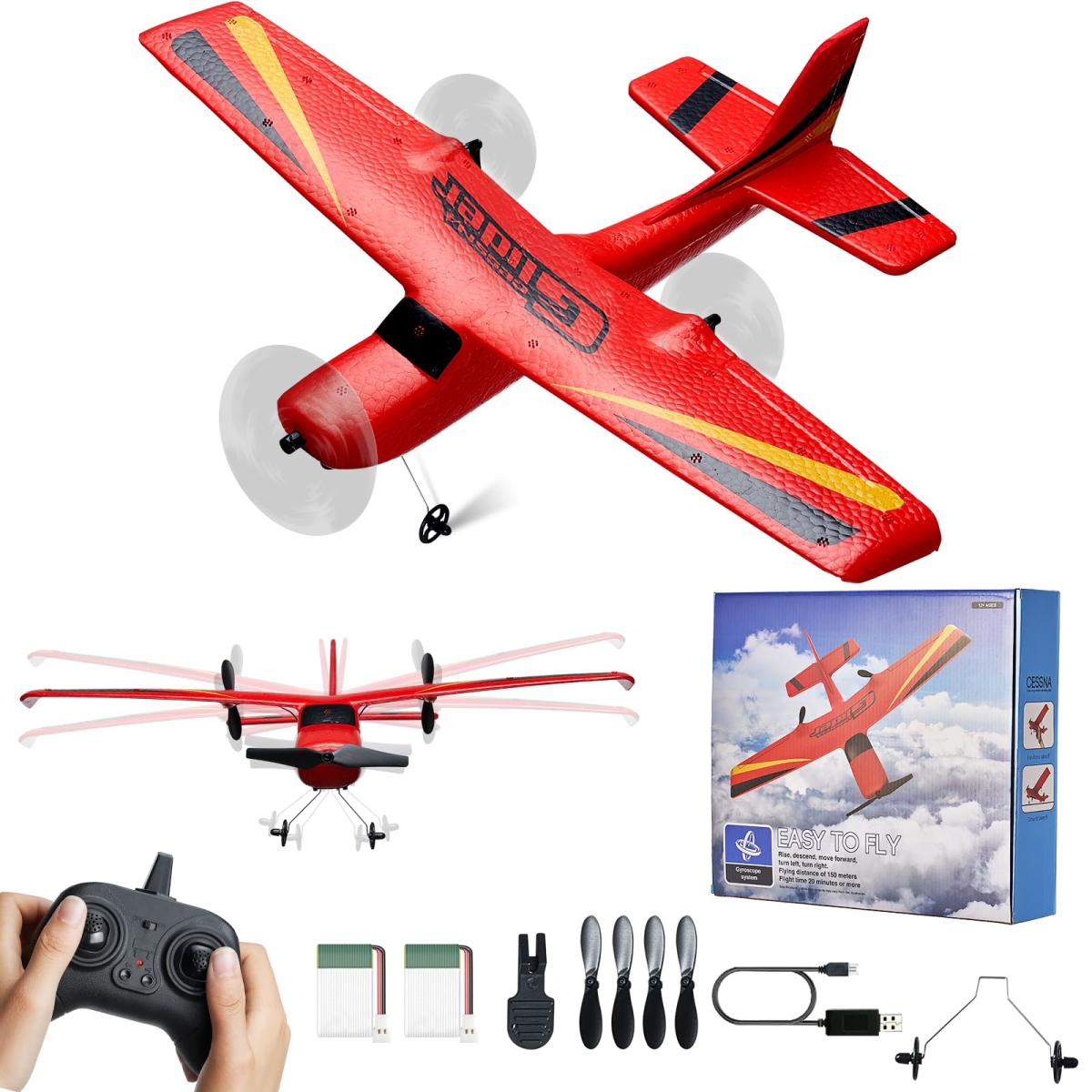 NT86023 VEVOR Remote Control Plane, 2.4 Ghz 2 Channel with 6-Axis Gyro Stabilizer & 2 Batteries, Ready to Fly