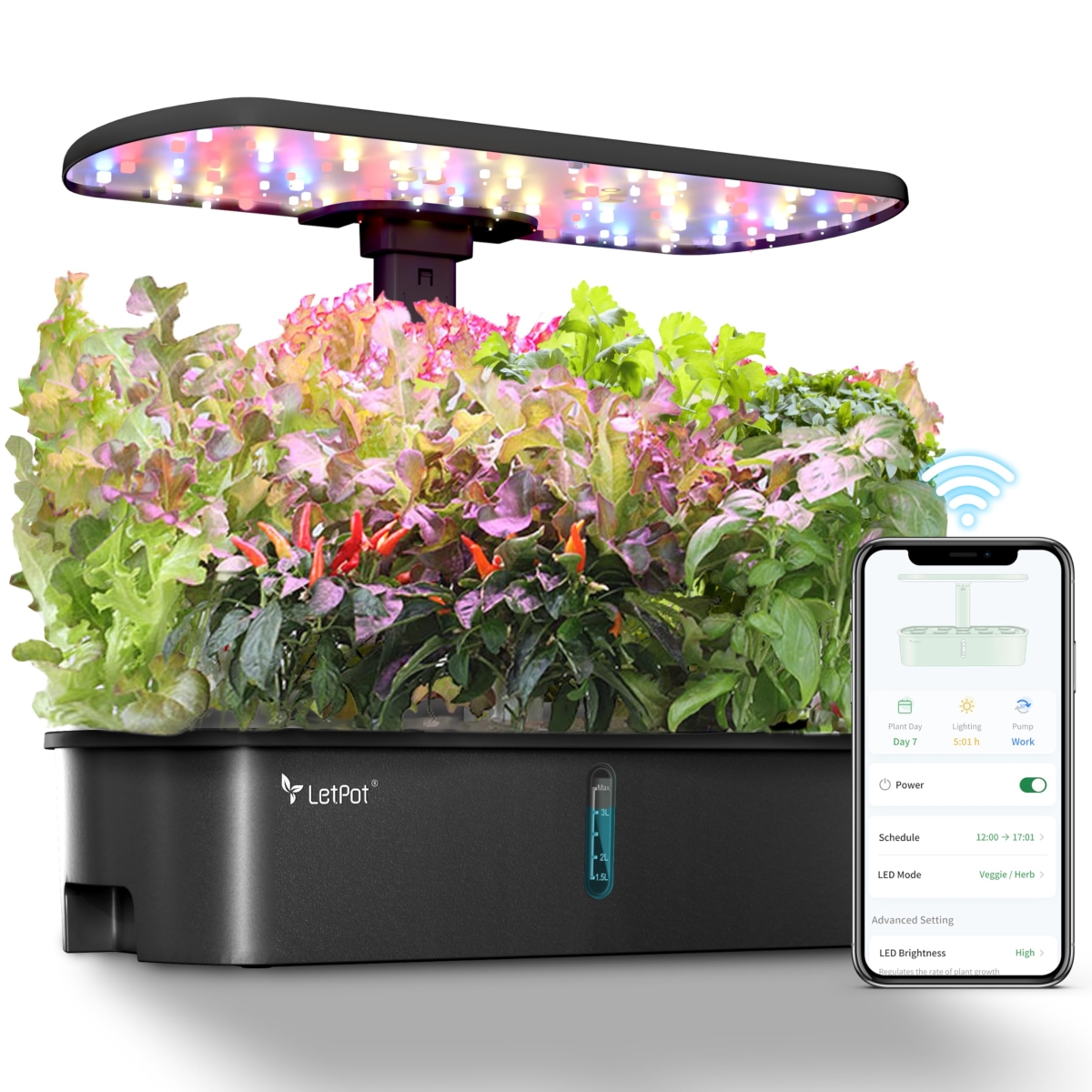 NT86088 LetPot LPH-Air Hydroponics Growing System Kits, Smart Indoor Garden with 24W Full Spectrum Grow Light, 10 Pods - Black