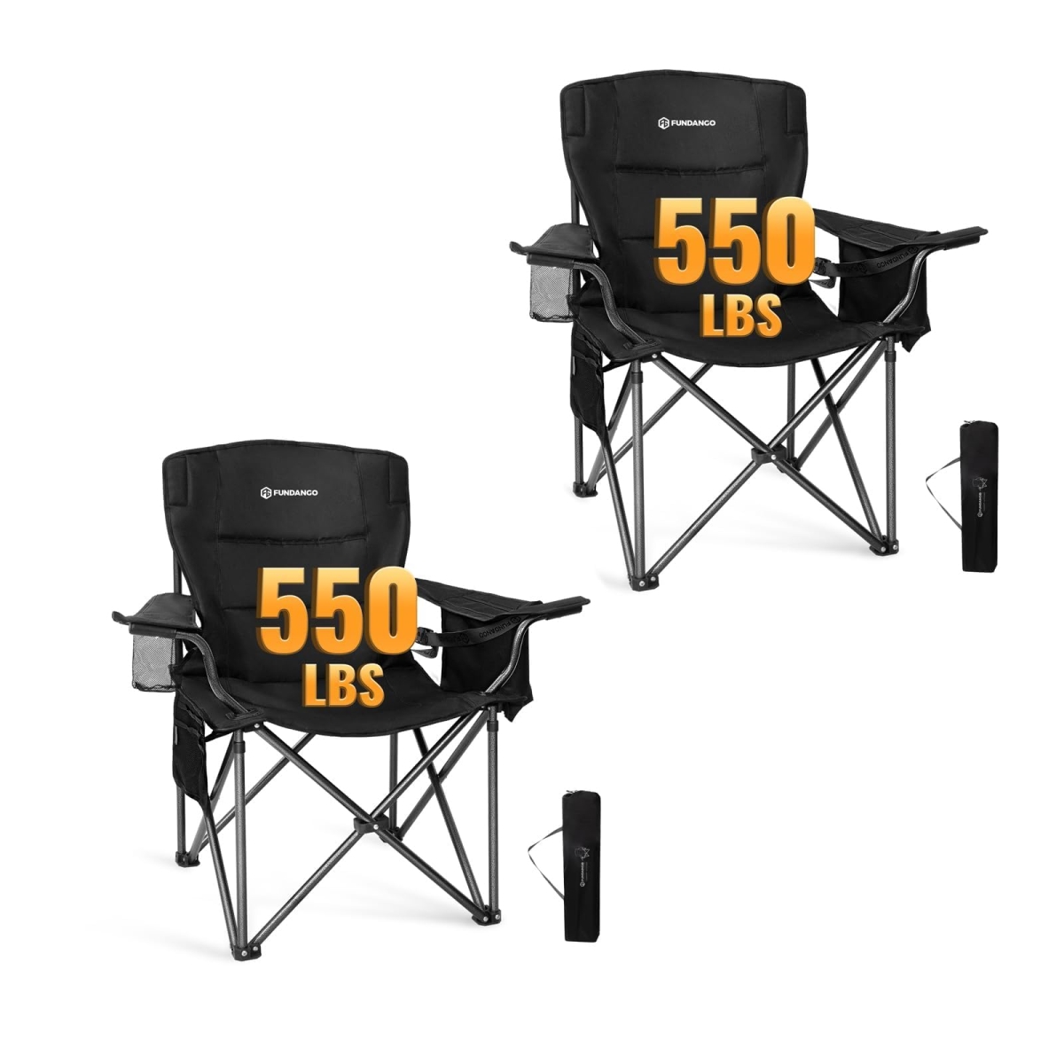 NT86141 FUNDANGO Oversize Fold Camping Chair for Adults, 550 lbs Portable Beach Fishing Lawn Chair with Cushion & Cooler - Black