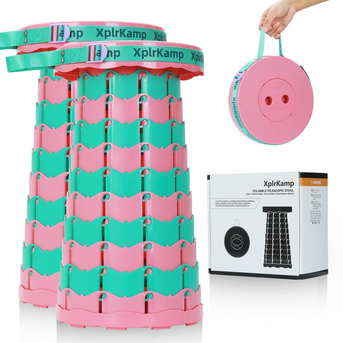NT86215 Retractable Folding Stool - Heavy Duty 400 lbs Collapsible Portable Stool - Pink & Green - Pack of 2