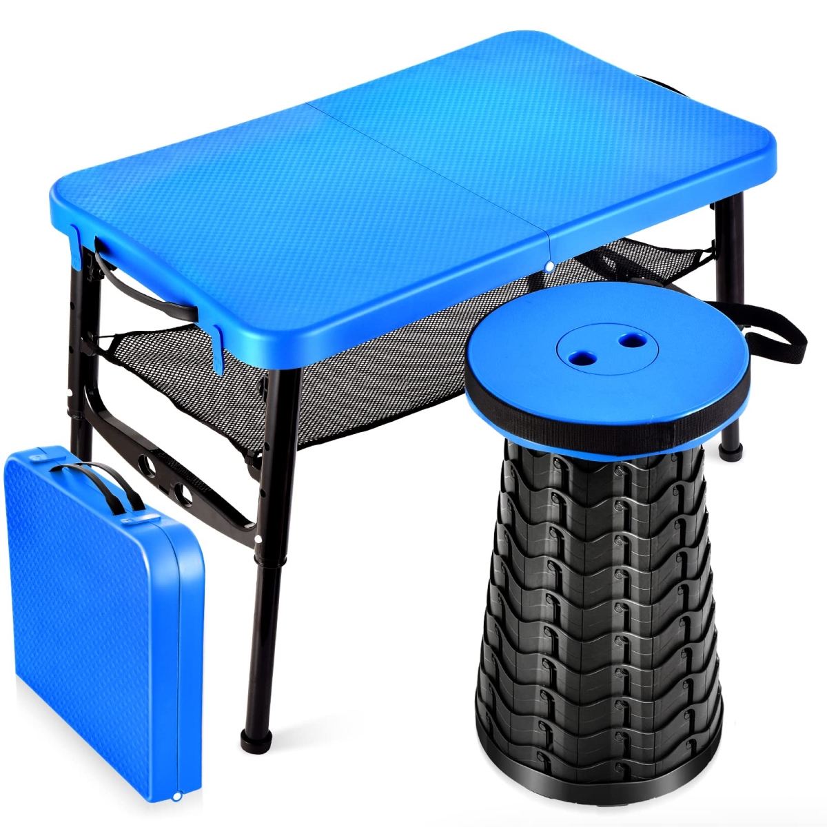 NT86390 Small Folding Table & Stool Set, Lightweight & Height Adjustable, Portable Desk - Blue