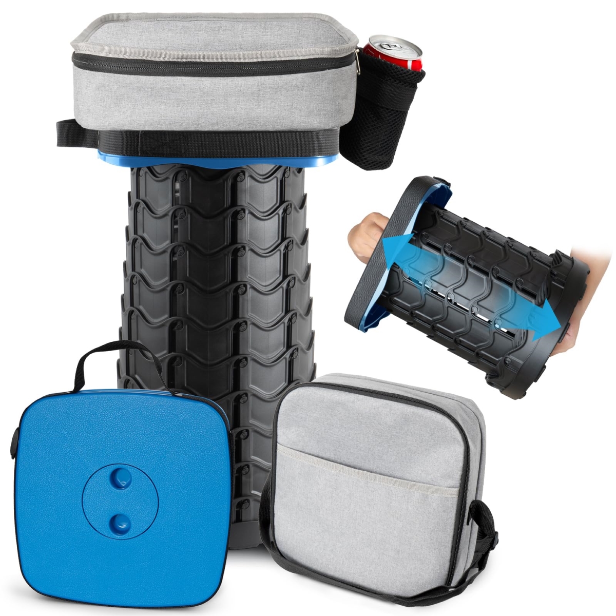 NT86441 Square Collapsible Stool with 3-in-1 Carry Bag, Adjustable Retractable Portable Seat, Foldable with Cushion & Beverage Holder - Blue
