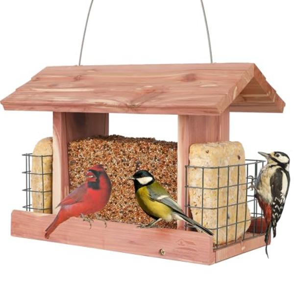 NT86690 Solution4Patio Cedar Hopper Bird Feeder with Double Suet Cage & Clear View Windows, Squirrel-Proof