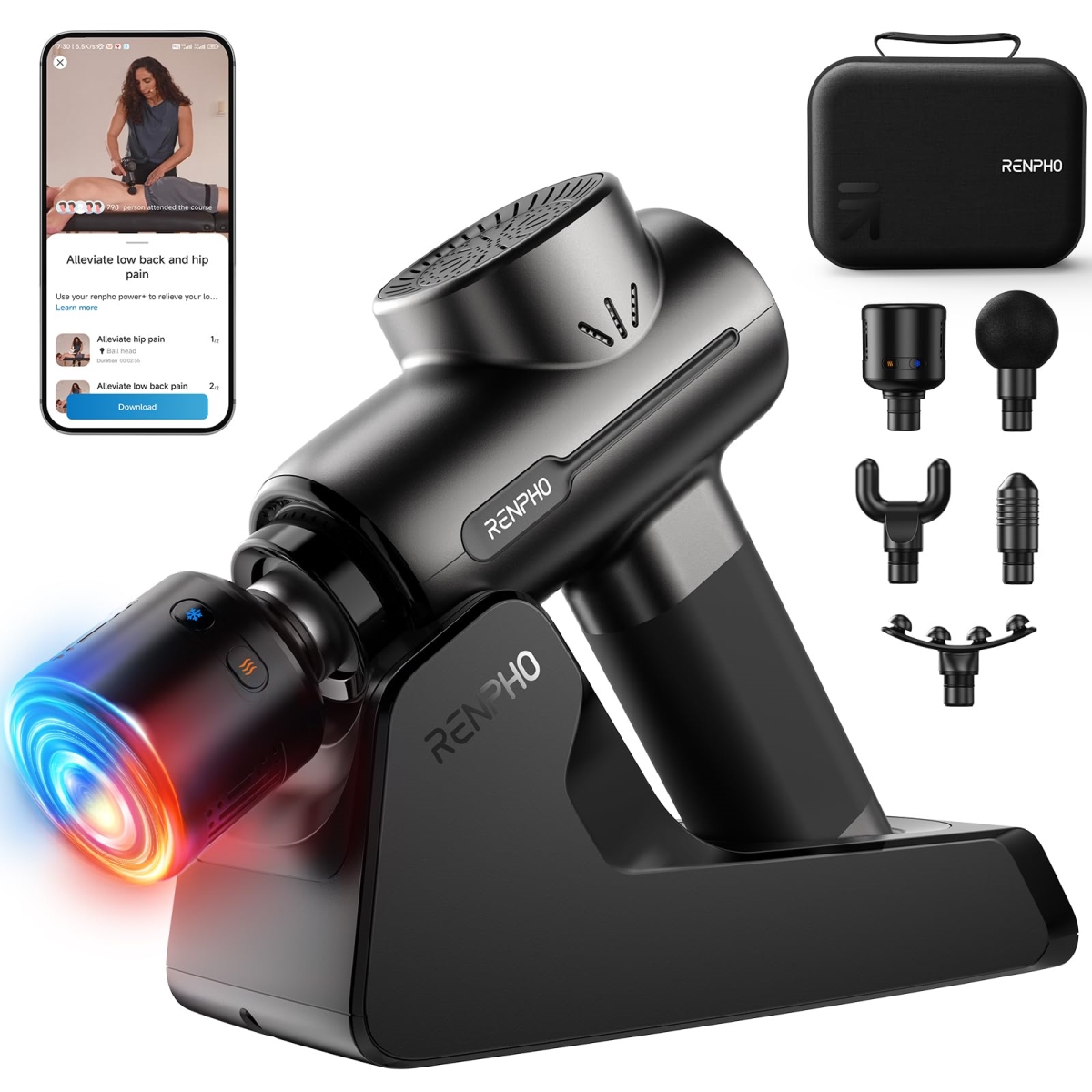 NT86694 RENPHO Massage Gun with Heat & Cold, Portable Percussion Muscle Deep Tissue Massager with Charging Stand
