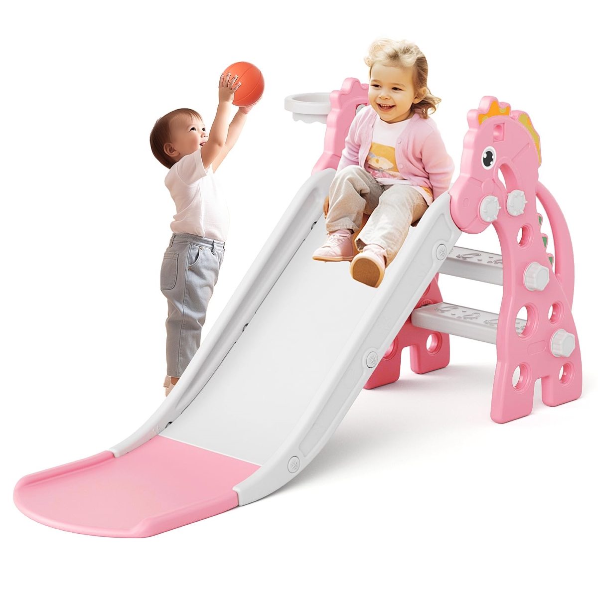 NT86749 67i Toddler Slide with Basketball Hoop, Anti-Slip Steps, 46.8in Baby Climber - Pink