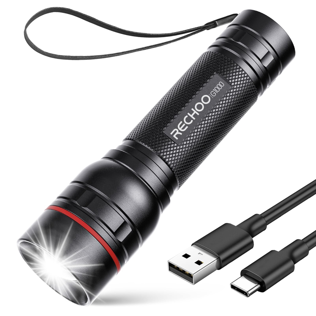 NT87079 RECHOO Rechargeable Flashlights, G1000 Super Bright, Zoomable LED with 3 Modes, Portable Tactical for Camping