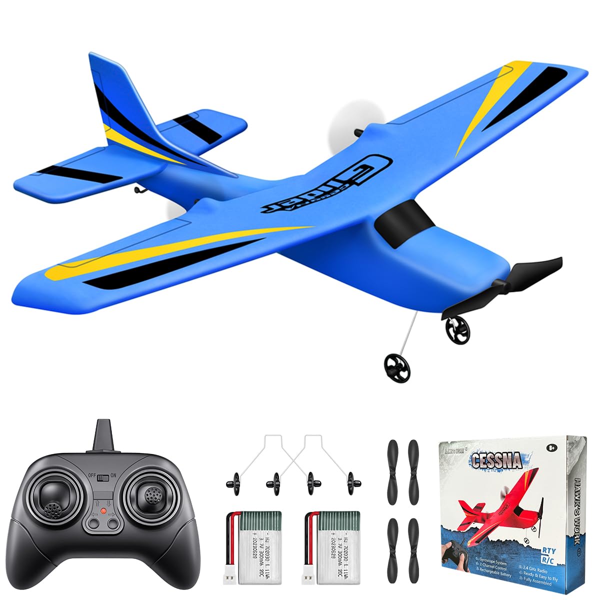 NT87141 HAWKS WORK 2 Channel Remote Control Airplane, Ready to Fly, 2.4 Ghz Remote Control Plane, Easy Glider for Kids & Beginners - Blue