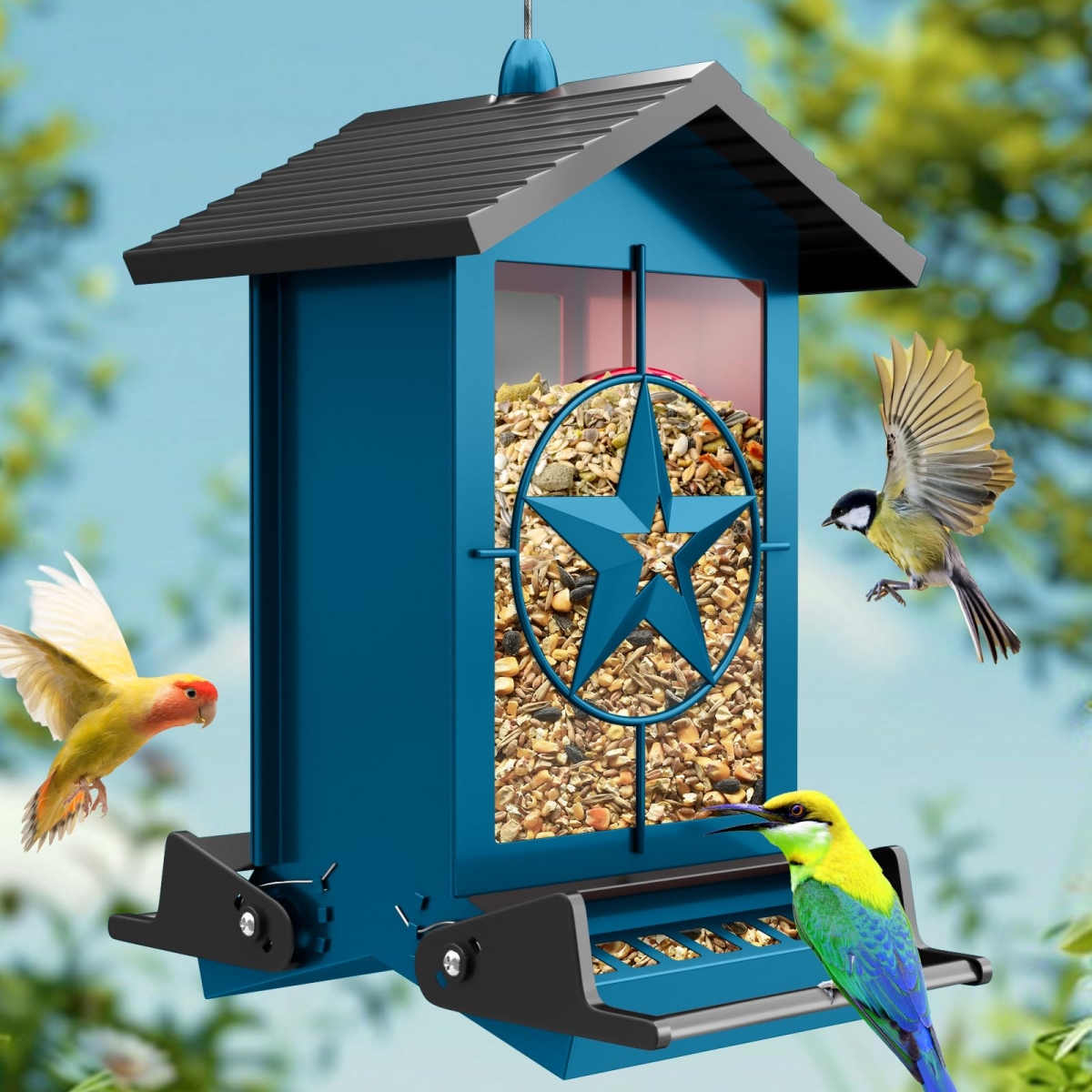 NT87371 Squirrel Proof Bird Feeder with Weight-Activated Perches, 5 lbs Capacity for Finch, Cardinal, Blue Jay