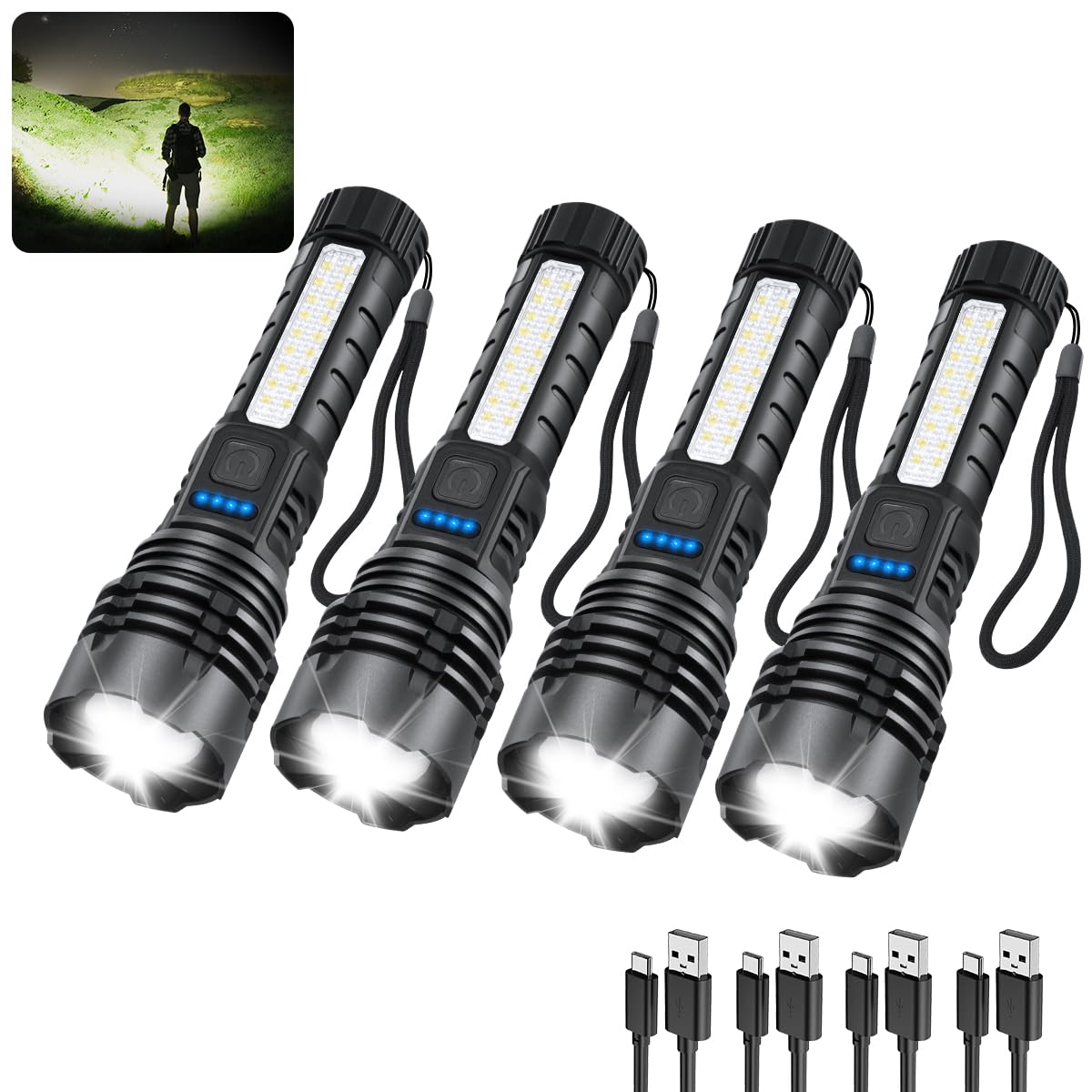 NT87458 Rechargeable High Lumens LED Flashlights, 7-Mode, Adjustable Tactical - Pack of 4