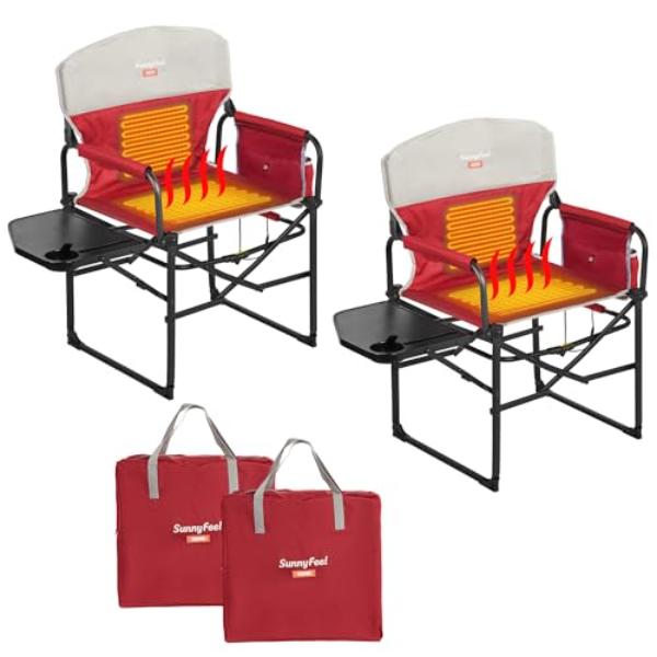 NT87692 SUNNYFEEL Heated Camping Directors Chair, Oversized Portable Folding Chair with Side Table & Pocket