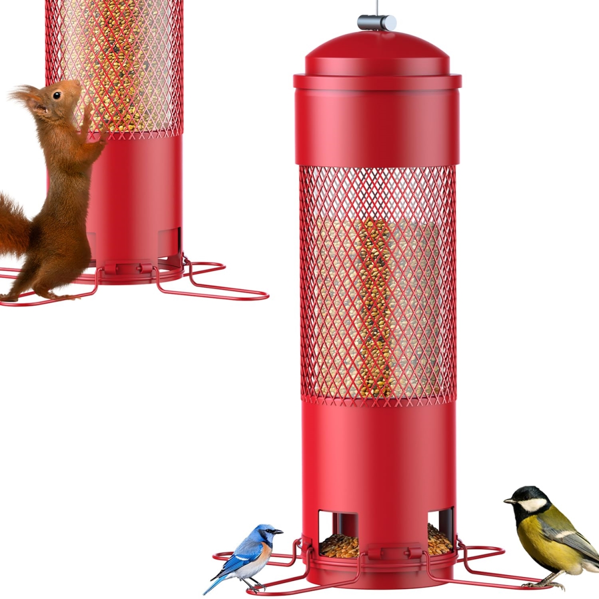 NT87938 Squirrel Proof Bird Feeder with Weight-Activated Perches, Metal, 3 lbs Seed Capacity, Red
