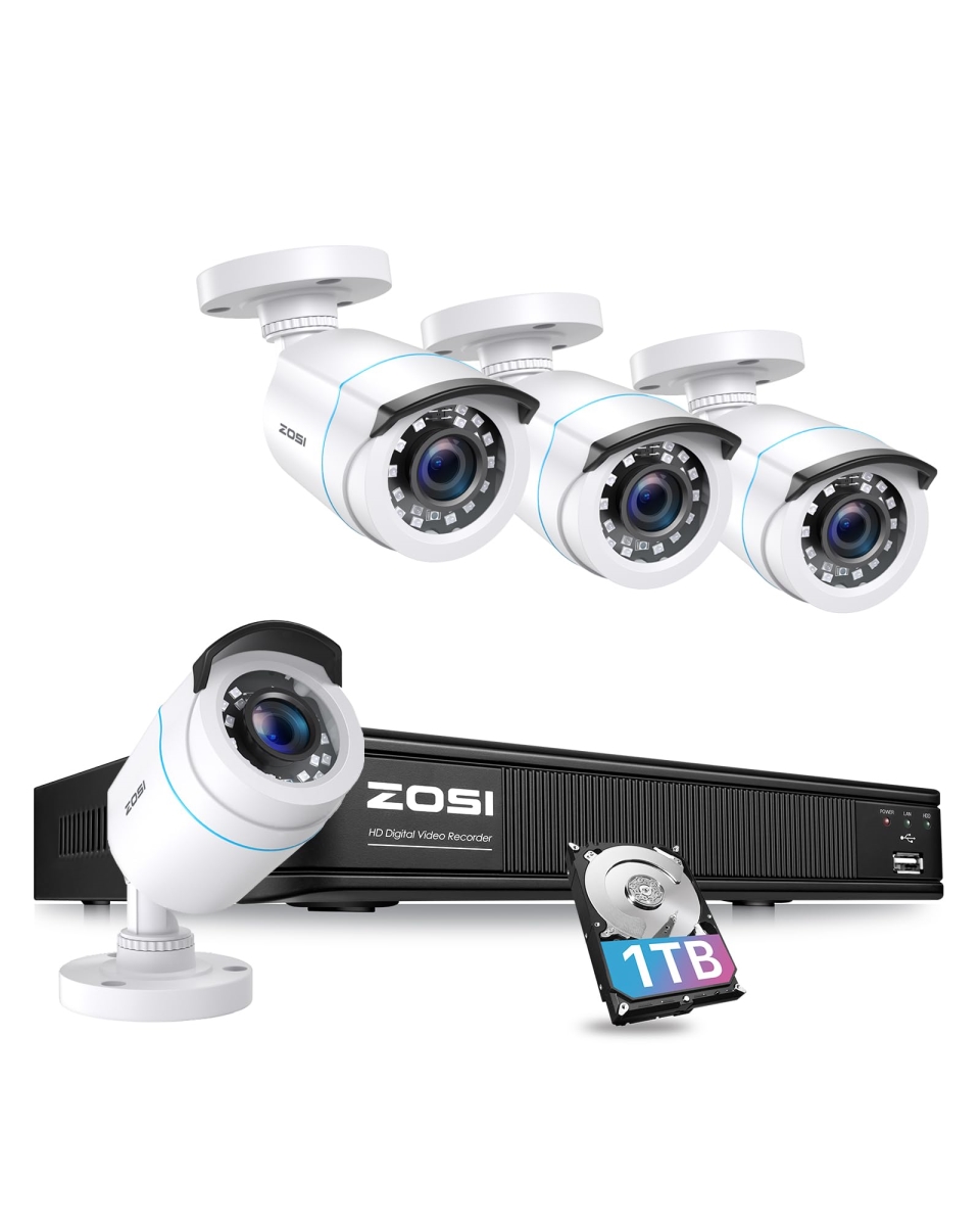 NT83736 ZOSI H.265 Plus 1080P Home Security Camera System with AI Detection, 4 x 1080P Camera, 80ft Night Vision, 1TB HDD