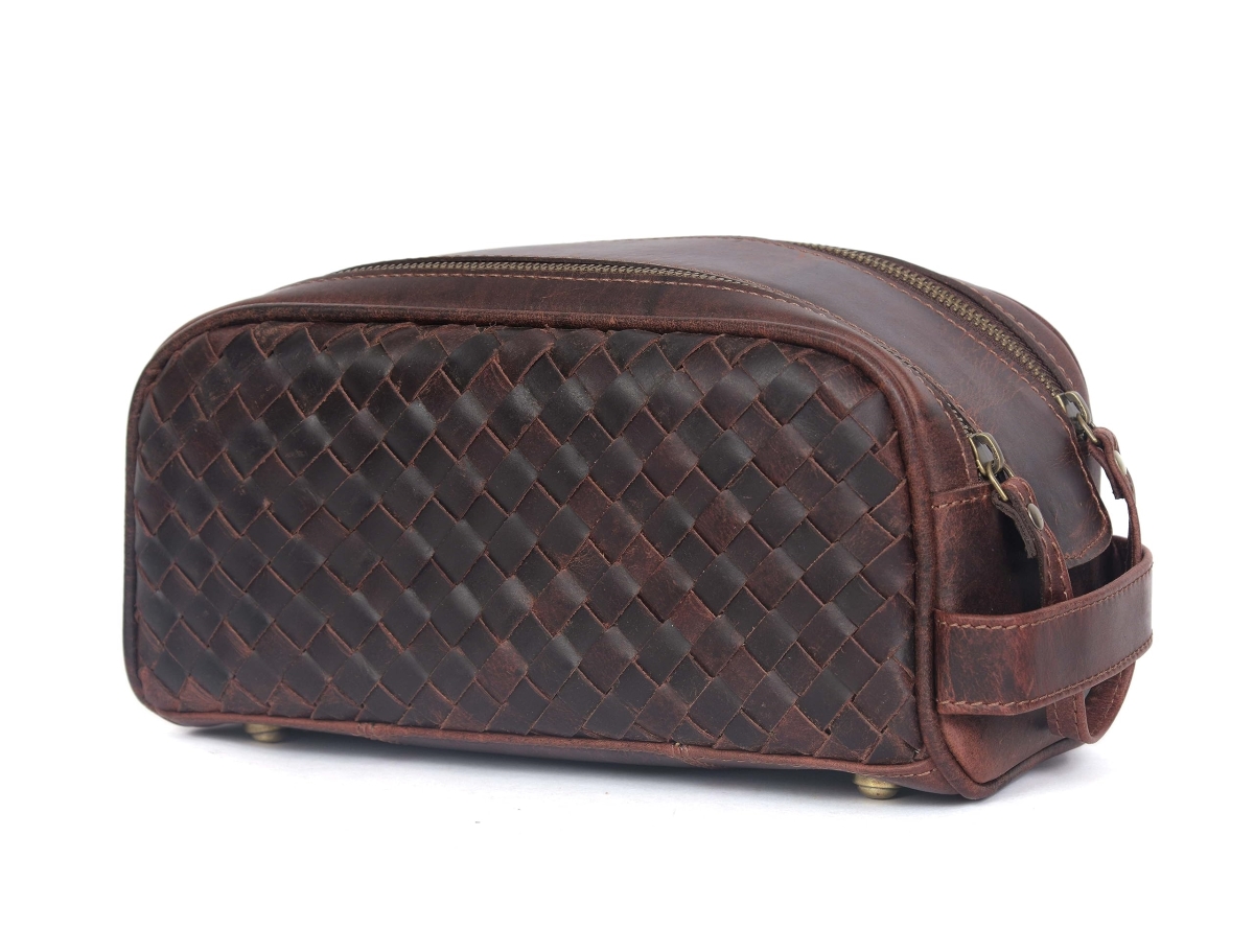 NT83745 10 in. Premium Leather Toiletry Travel Pouch with Waterproof Lining, King Size Handcrafted Vintage Dopp Kit - Wheat Brown
