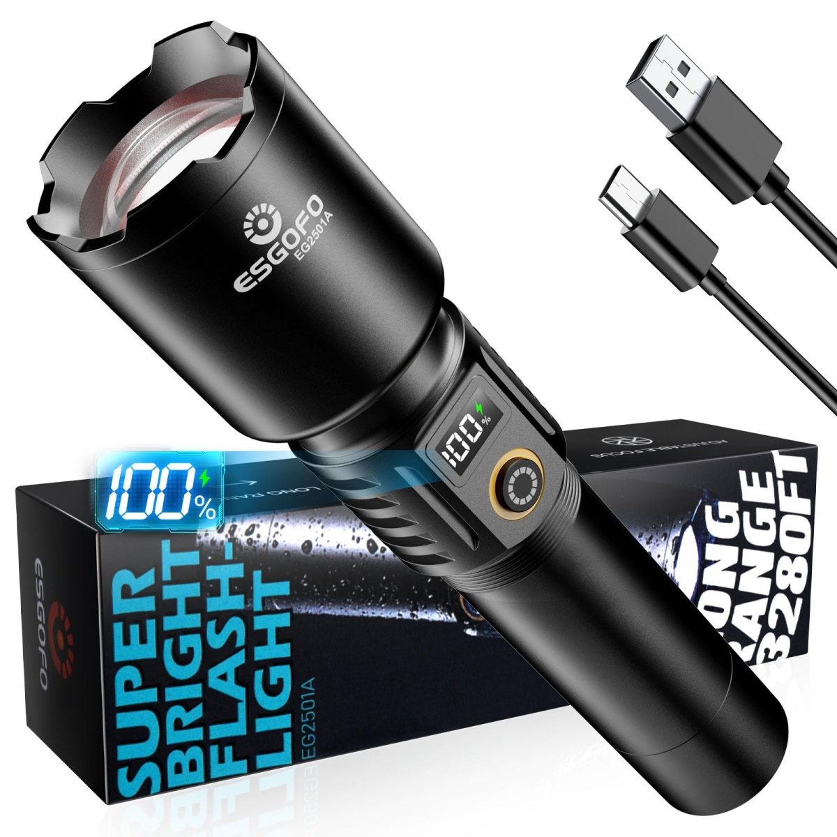 NT83754 Esgofo Rechargeable Flashlights High Lumens 2000, Super Bright Handheld LED Flashlight, Long Lasting, Zoomable