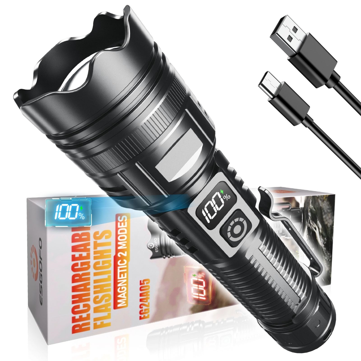 NT83776 Esgofo Rechargeable Flashlights High Lumens 2000, Super Bright Magnetic LED Flashlight with USB C & Clip