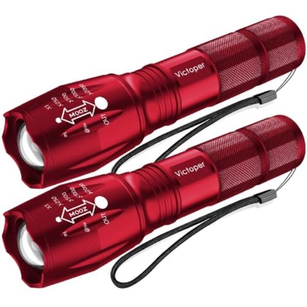 NT83789 Victoper LED Flashlight Bright High Lumens Tactical Flashlights with 5 Modes, Waterproof Zoomable for Outdoor Use - Red - Pack of 2