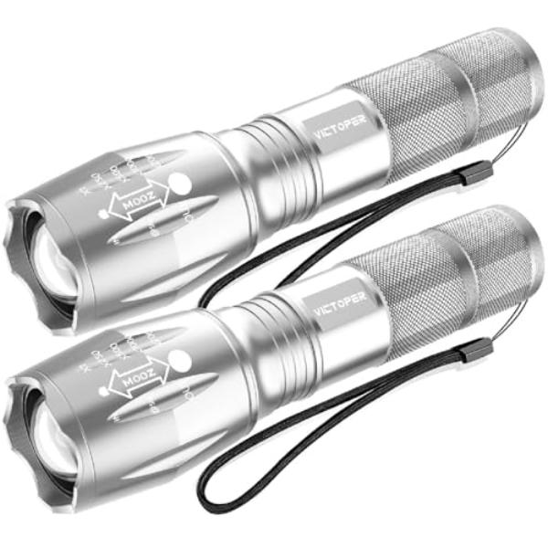 NT83792 Victoper LED Flashlight Bright High Lumens Tactical Flashlights with 5 Modes, Silver - Pack of 2