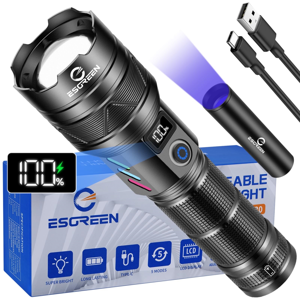 NT83807 Rechargeable Flashlights 2000 High Lumens, Long Range, Super Bright LED, USB C, Heavy Duty, for Emergency & Camping