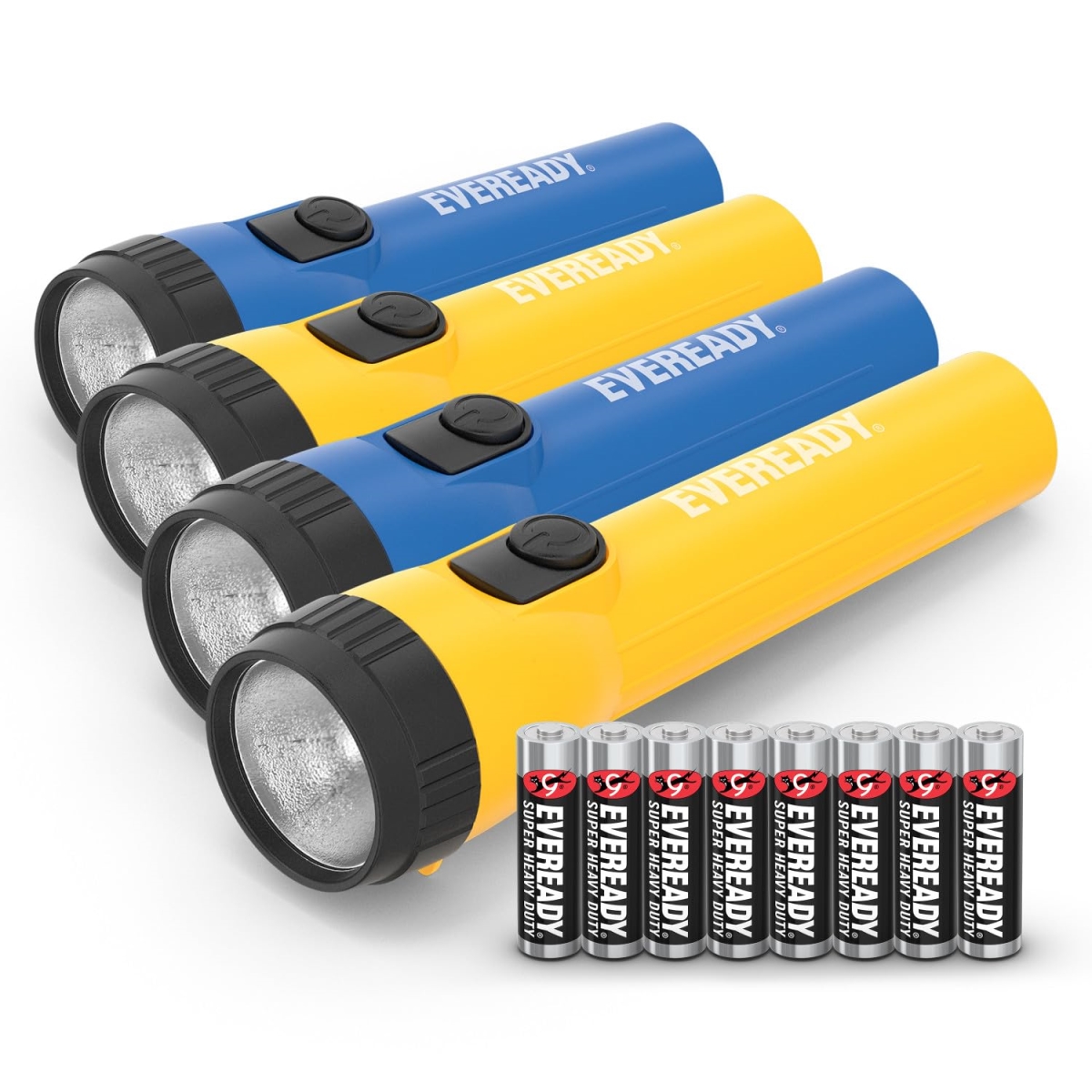 NT83873 EVEREADY LED Flashlights Bright Flashlights with AA Batteries Included, Blue & Yellow - Pack of 4