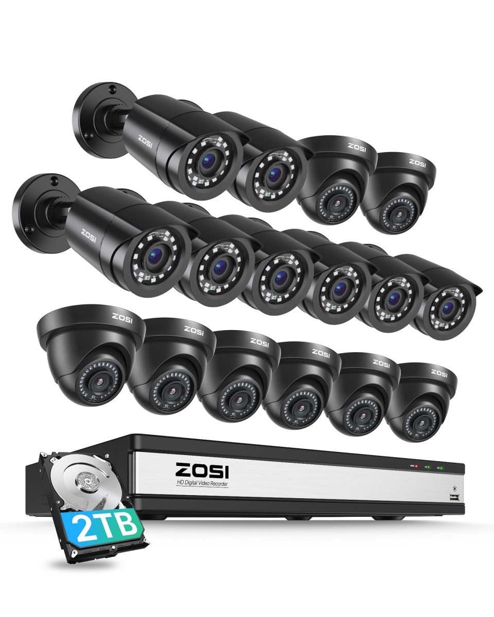 NT83885 ZOSI 3K Lite 16 Channel Security Camera System with AI Detection, Night Vision, 16 x 1080P Camera, 16 Channel DVR, 2TB HDD