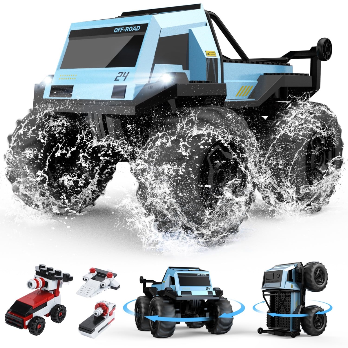 NT83982 DEERC Amphibious Remote Control Car Monster Truck with 360 Deg Spin, 4WD Off-Road Pickup Remote Control Truck