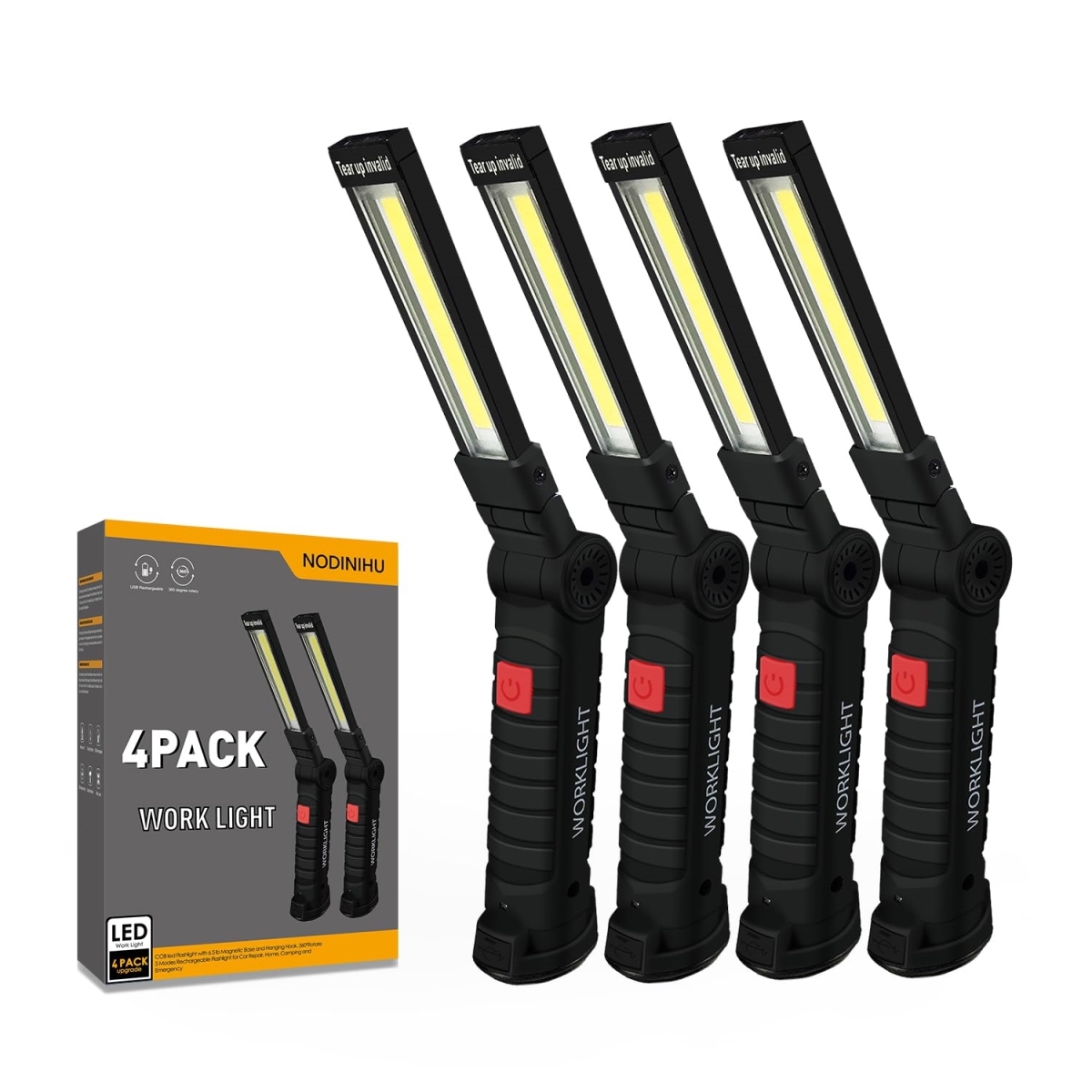 NT83990 Portable Rechargeable Work Light with Magnetic Base & Hanging Hook, 360 Deg Rotate, COB LED 800 Lumens, Foldable - Pack of 4
