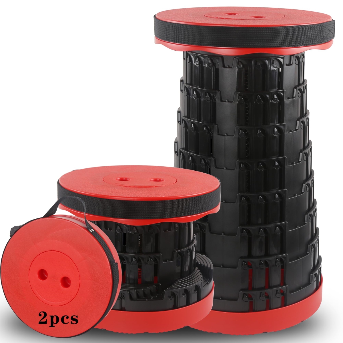 NT84040 Collapsible Portable Retractable Folding Stool, Max Load 460 lbs, Lightweight, Adjustable, Sturdy, Black & Red - 2 Piece