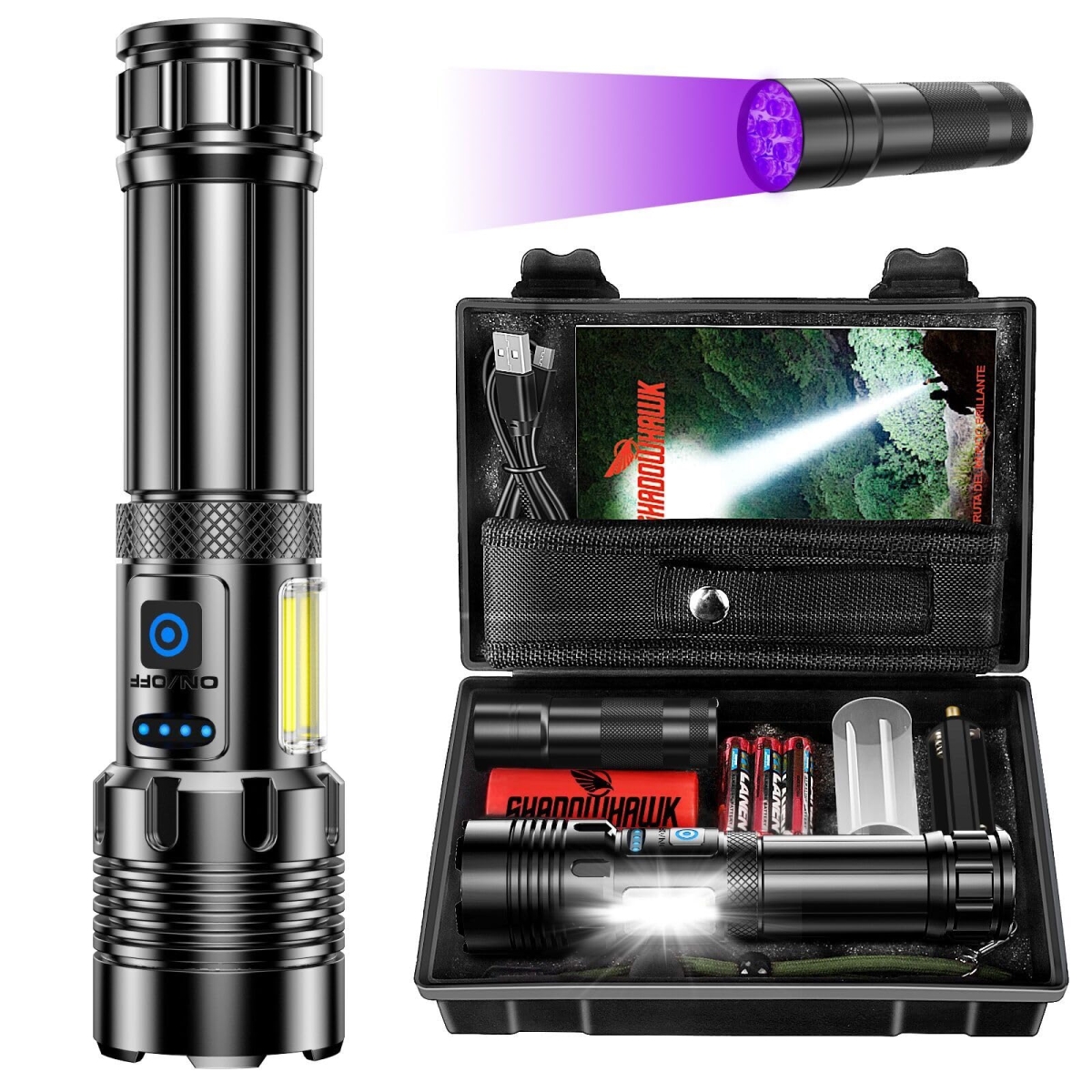 NT84133 Shadowhawk Rechargeable Flashlights, 2000LM XHM90.2 30W LED with COB Light, 7 Modes, Battery Powered