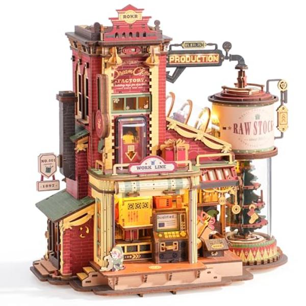 NT84371 ROKR 3D Puzzle Christmas Style Dream Gift Factory Wooden Model Kit with Music, Lights & 5 Elves