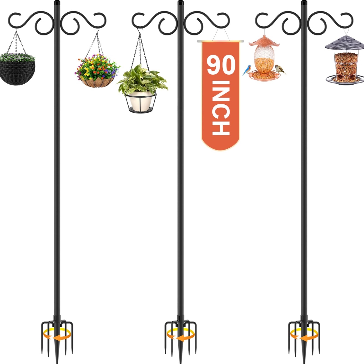 NT84608 90 in. Double Shepherds Hooks Bird Feeder Pole with 5 Prongs Base, Heavy Duty for Garden Use - Pack of 3