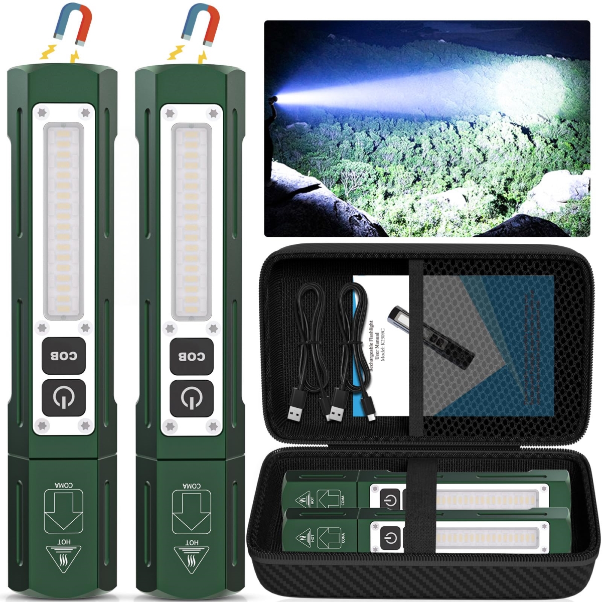 NT84774 Rechargeable Flashlights High Lumens - Super Bright Small Pocket Magnetic Flashlight, 8 Modes LED Tactical Flash Light - Hunter Green