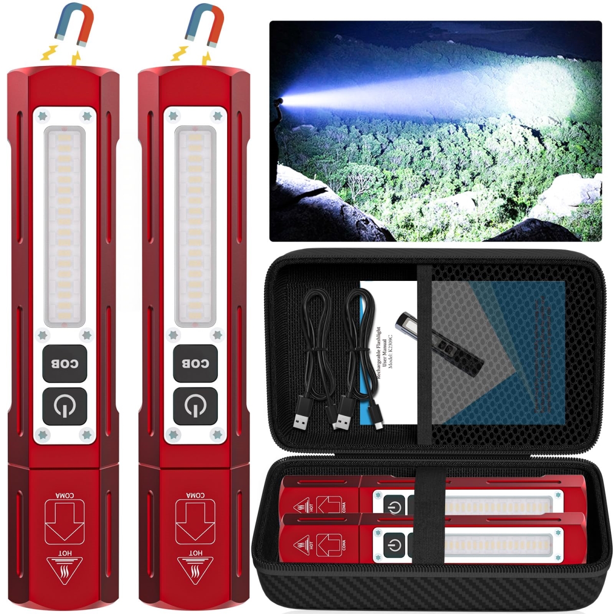 NT84776 Rechargeable High Lumens Flashlights - Super Bright Pocket Magnetic LED Tactical Flashlight, 8 Modes - Red