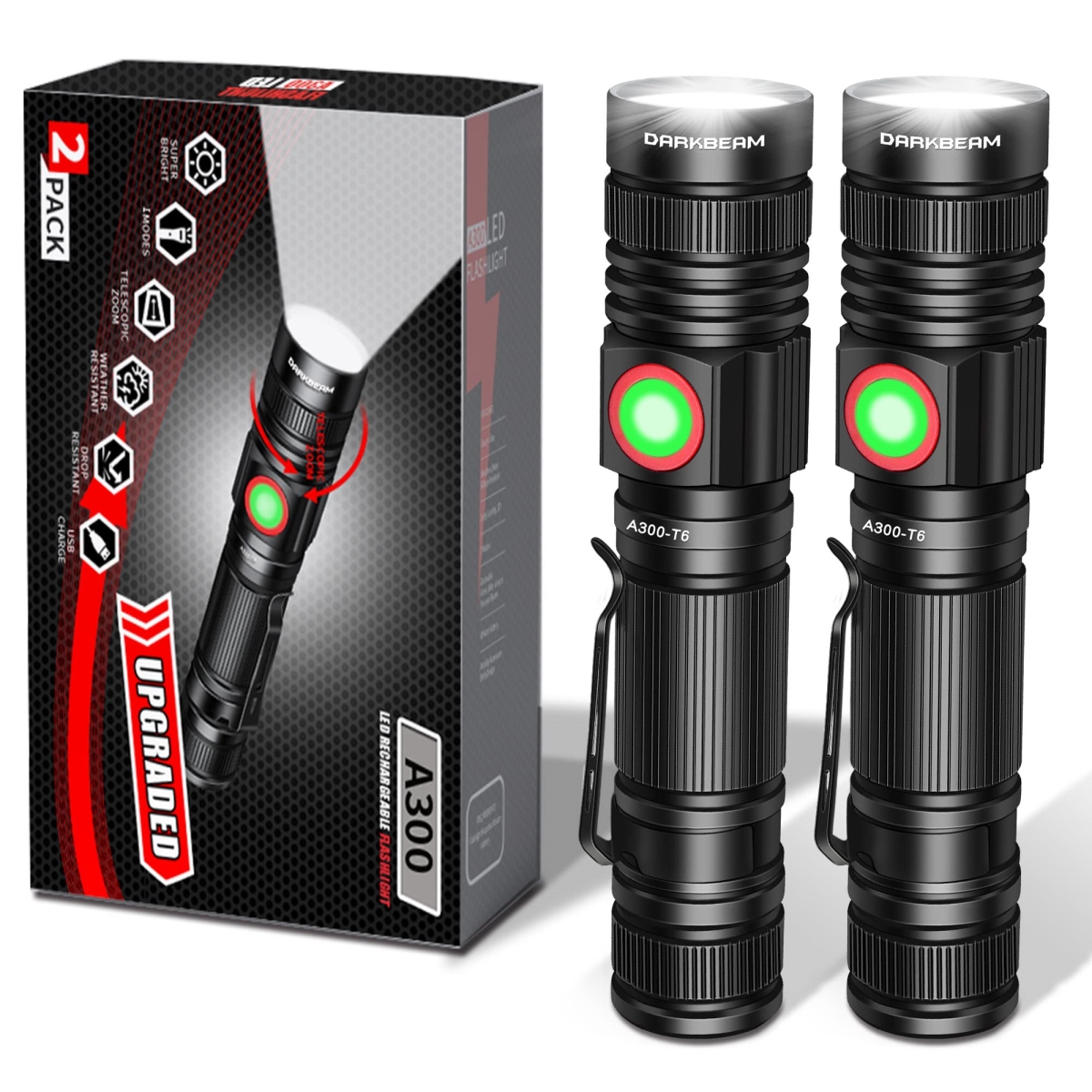 NT84807 DARKBEAM LED Rechargeable Flashlights, 2000 Lumens, Pocket Size, Zoomable, Water Resistant - Pack of 2