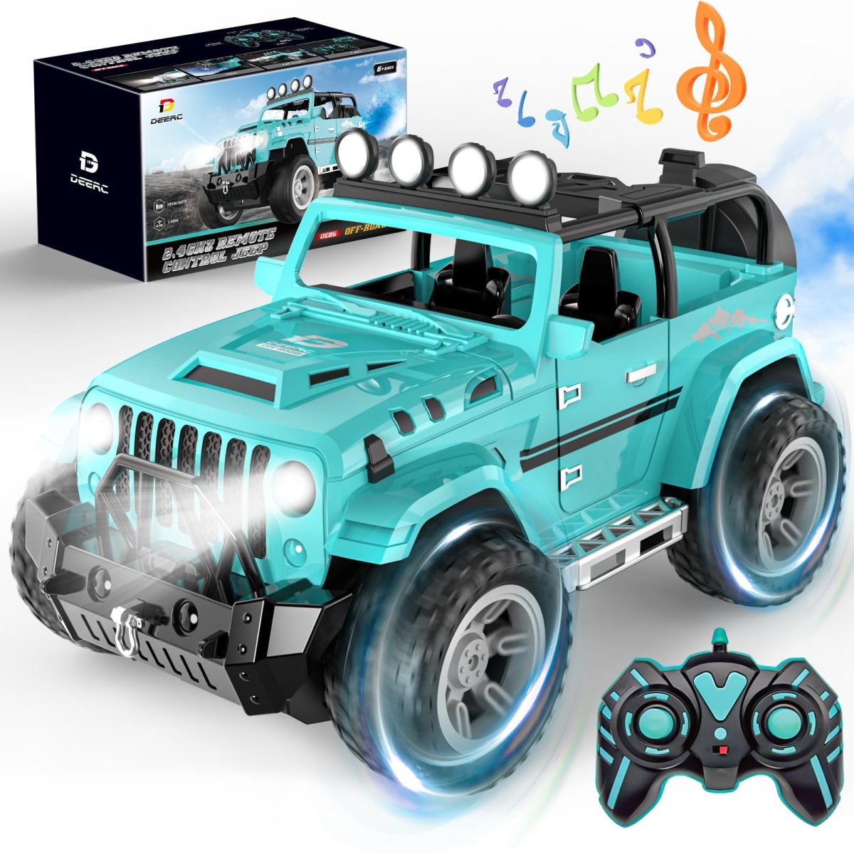 NT84829 DEERC Remote Control Car with Fog Mist & Music, 1-16 Scale Remote Control Truck for Boys, 2.4 Ghz Toys with 2 Batteries