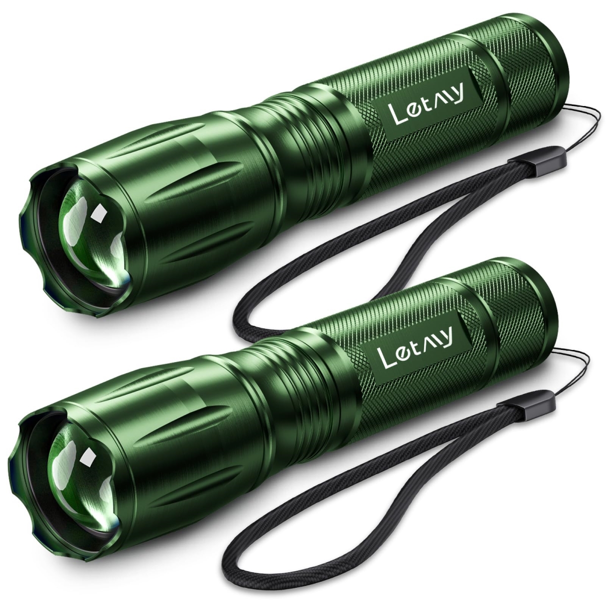NT84839 LETMY Tactical Flashlights Bright LED, 5 Modes Zoomable Waterproof for Home Emergency Camping - Green - Pack of 2