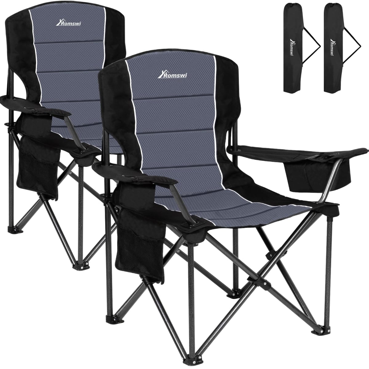 NT85093 Romswi Oversized Camping Chairs, Heavy Duty, Padded Back & Arm, Folding for Outdoor, Fishing & Garden - Pack of 2