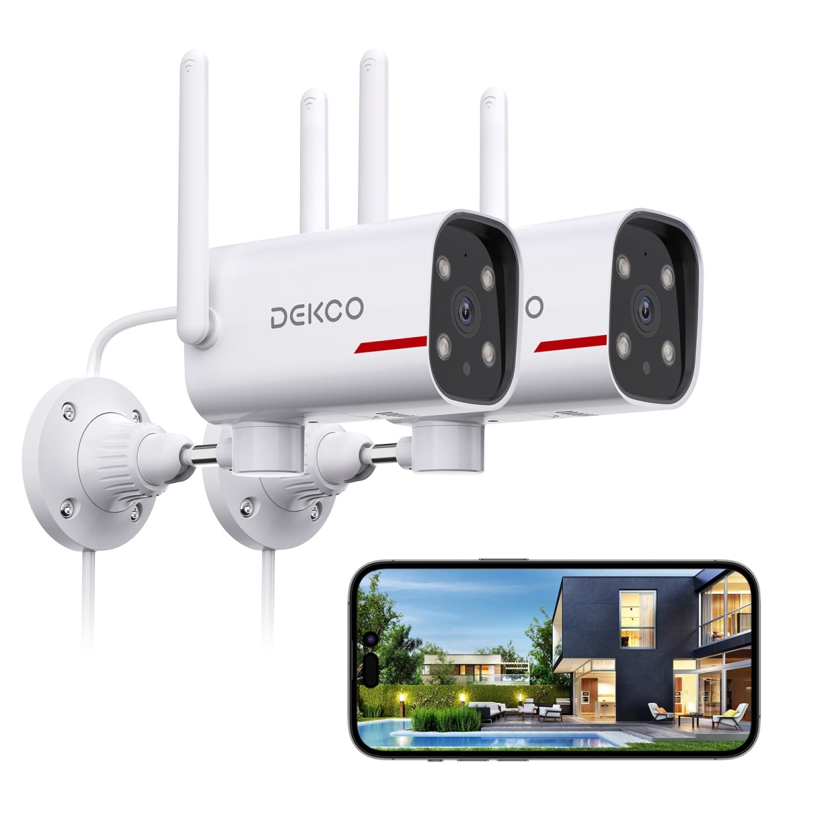 NT85263 DEKCO Outdoor Security Camera with 2K Color Night Vision & Pan Rotating 180 Deg Wired Wi-Fi - Pack of 2