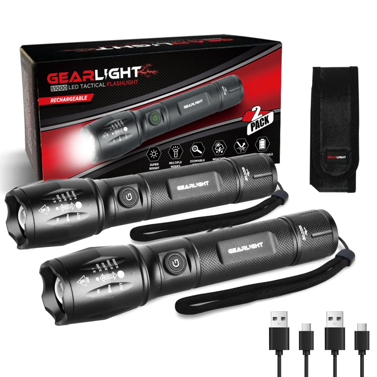 NT85675 Gear Light S1000 Rechargeable LED Tactical Flashlights, USB-C Fast Charging, Pocket-Sized - Pack of 2