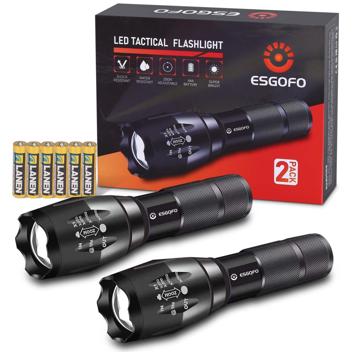 NT85678 Esgofo LED Flashlights Bright Powerful EDC Handheld Flash Lights, High Lumens Pocket Linterna - Pack of 2