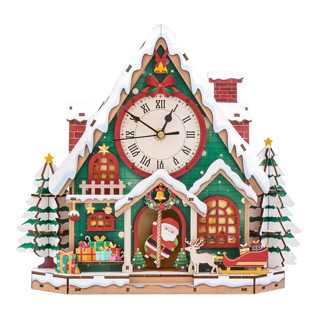 NT85739 3D Wooden Puzzle for Adults - Christmas Snow House & Clock 3D Mechanical Wood Model Kit