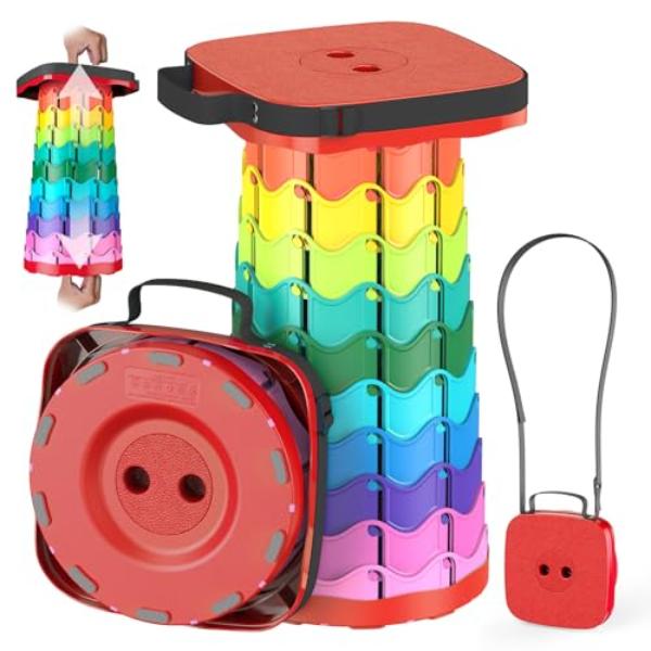 NT85764 Upgraded Collapsible Stool, Portable Folding Telescoping Chair, Max Load 485 lbs, Square Retractable Stool - Rainbow & Red