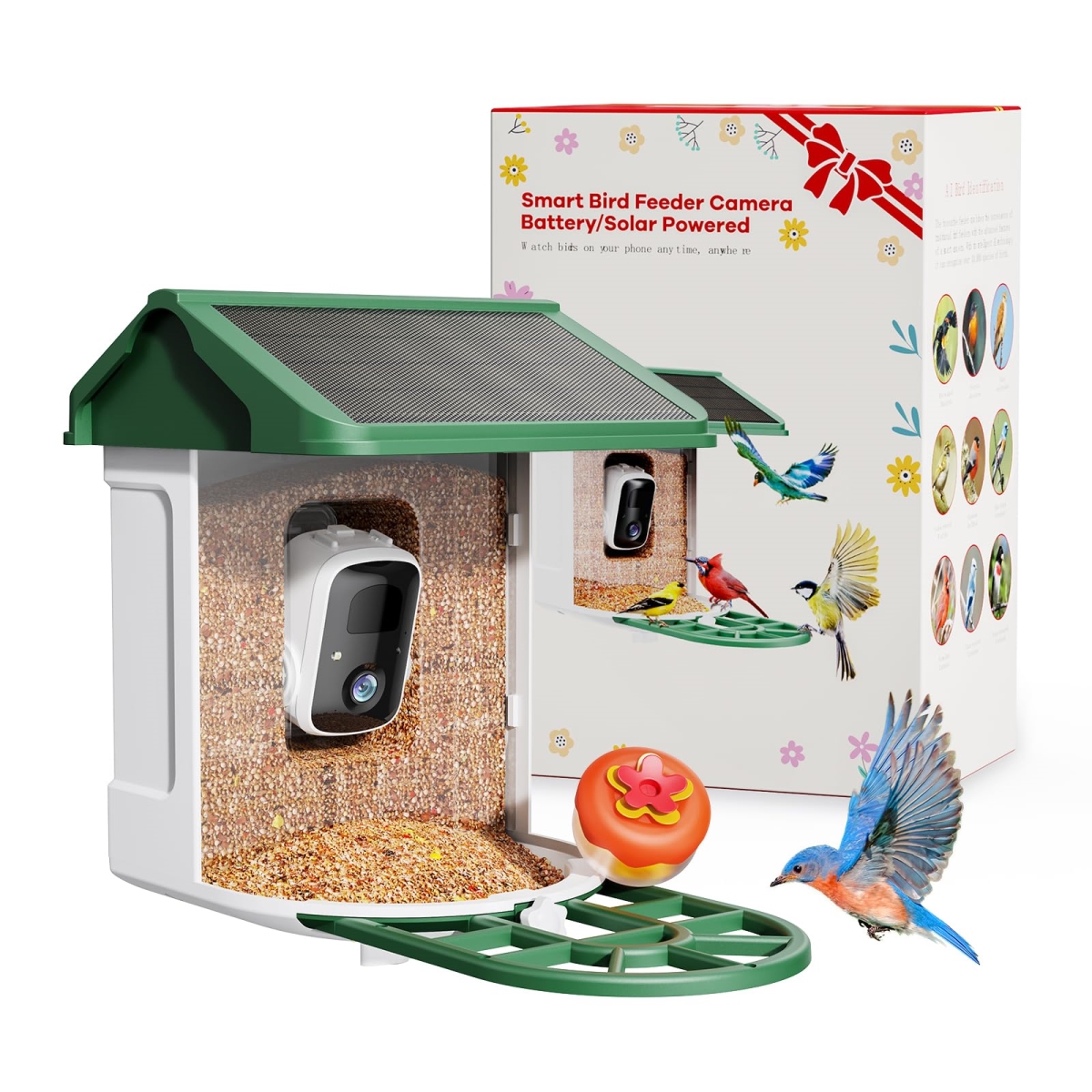 NT86115 Bird Feeder with Camera, Solar-Powered, Smart AI, 2L Capacity, Mini Hummingbird Feeder - Green