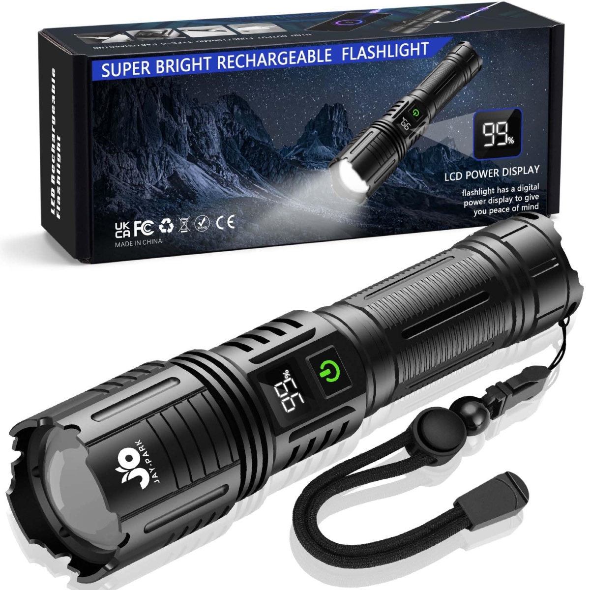 NT86192 Rechargeable LED Flashlights 10000 Lumens with Digital Power Display & Zoomable