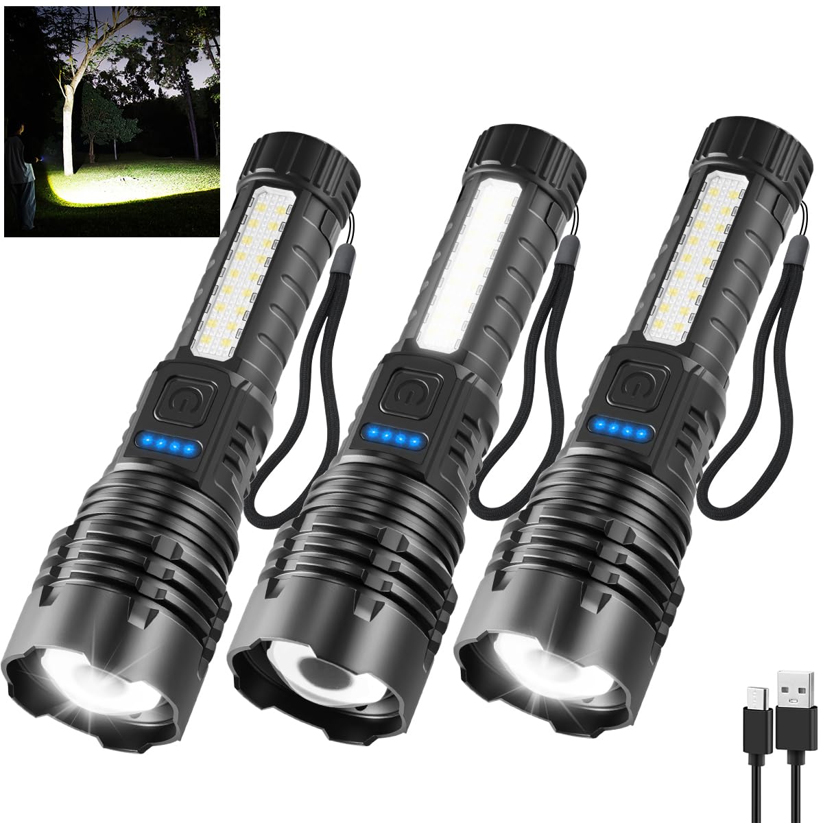 NT86202 Rechargeable Flashlights, 7-Mode High Lumens LED, Adjustable Tactical Handheld Flashlight - Pack of 3