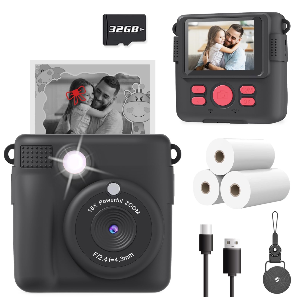 NT86292 Kids Instant Print Selfie Digital Camera, Black